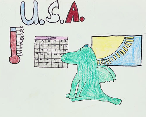 Illustration of a dragon looking at a calendar of the month of January next to a thermometer at 80 degrees, the word USA and an open window with a sunny sky outside.