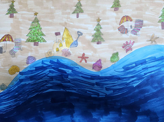Ilustración de una playa llena de árboles de Navidad y artículos de playa.
