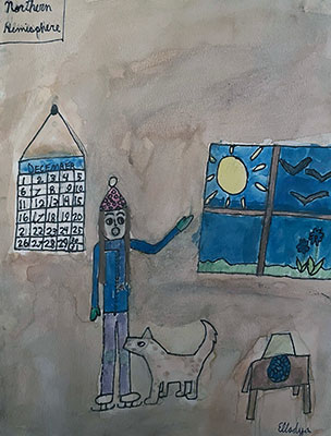 Ilustración de una persona vestida para un frío invierno. El calendario en la pared dice diciembre y afuera de la ventana es un día soleado.