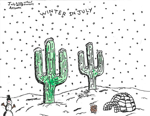 Ilustración de un paisaje nevado con dos cactus, un iglú y una persona de nieve. El texto lee julio de 2113 sin año bisiesto Arizona Invierno en julio.