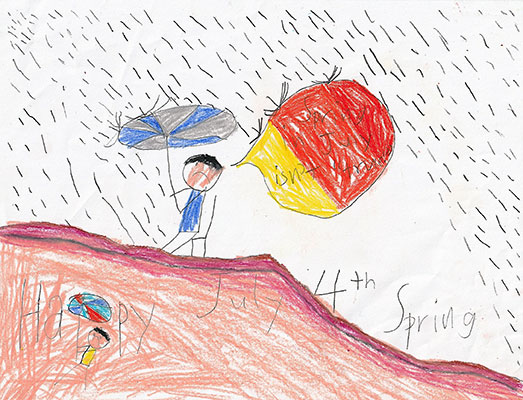 Ilustración de una persona bajo la lluvia y texto que dice Feliz 4 de julio Primavera. La persona dice que la primavera en julio no es cierta.