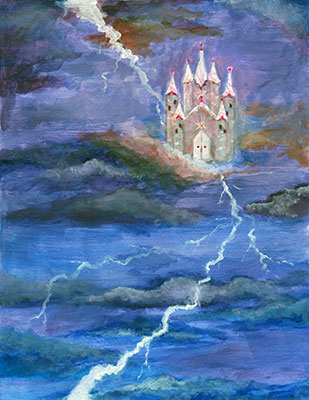 Ilustración de un rayo que atraviesa un castillo flotando en el cielo.