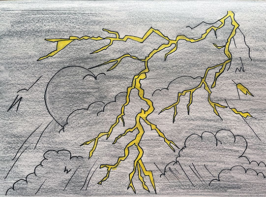 Illustration of lightning in a sky of dark clouds.