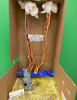 A cardboard box and construction paper depicting a scene of lightning striking the ground.