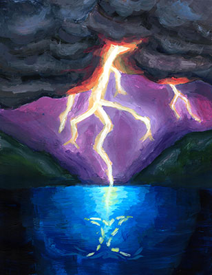 Ilustración de un rayo cayendo cerca de un lago, con su reflejo visible en el lago.