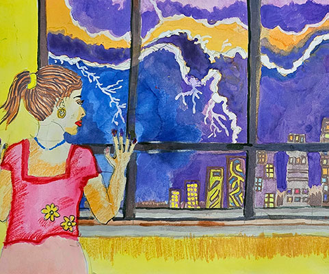 Illustration of a person inside a building, looking out the window at a lightning storm over the city skyline in the distance.