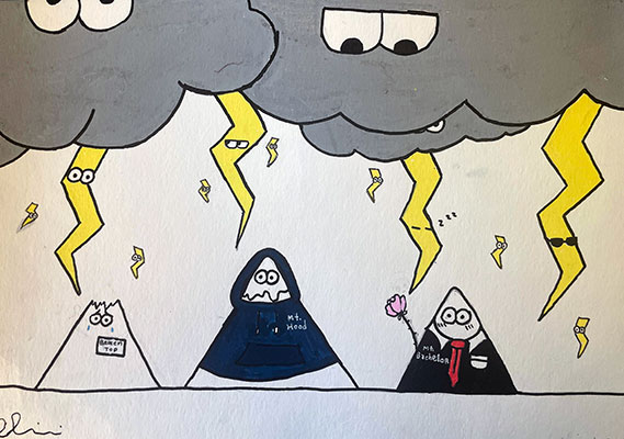 Ilustración de una tormenta eléctrica sobre tres montañas, cada una de las cuales tiene una expresión de preocupación en el rostro.