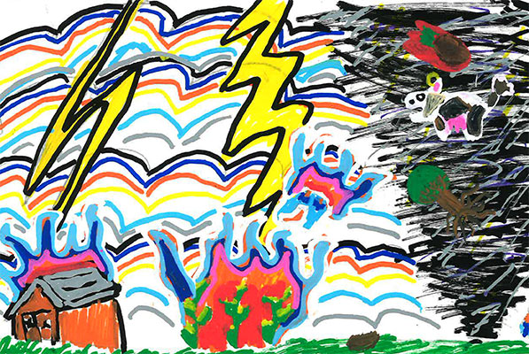 Illustration of lightning striking a house and trees. The house and trees are on fire. A tornado is approaching the house and trees. The tornado has consumed a cow and some trees.