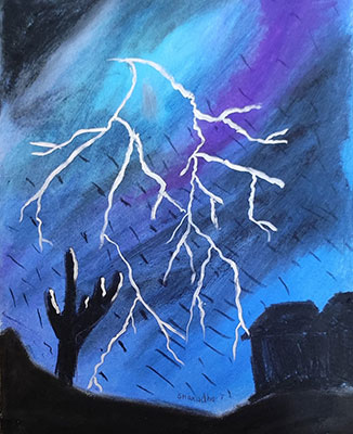 Illustration of lightning in a dark sky with the silhouette of a cactus on the ground in the foreground.