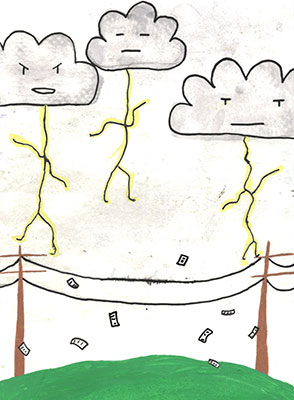 Illustration of three clouds in the sky with lightning striking from them to some power poles below. The lightning makes the shape of human bodies with the clouds as heads, so they appear to be dancing in the sky.