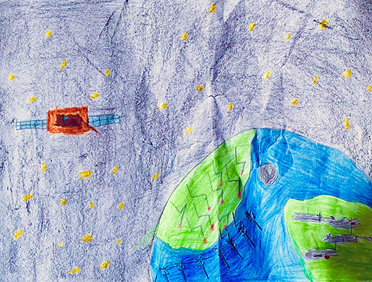 Ilustración de la Tierra con algunos relámpagos en su superficie y una nave espacial observando desde órbita.