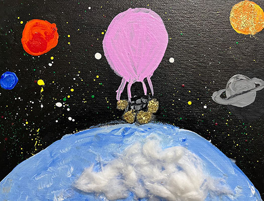 Illustration of a pink balloon floating above Earth. Several planets are visible in the distance.