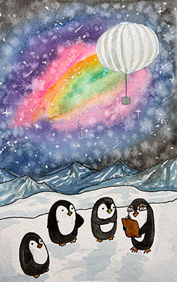 Illustration of penguins having a meeting in Antarctica with a balloon in the sky above them.