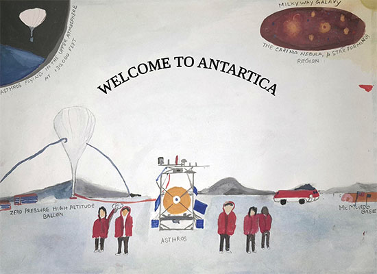 Illustration of a group of people in Antarctica with a balloon on the ground in the distance.