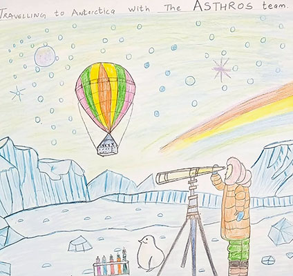 Illustration of a person in Antarctica looking through a telescope at a rainbow balloon in the sky.