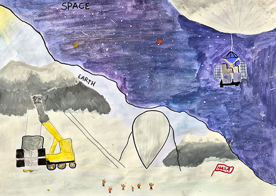 Illustration of two scenes. One scene shows a group of people in Antarctica launching a balloon. The other scene shows the balloon floating in space.