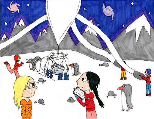 Illustration of a group of people in Antarctica launching a balloon. There are penguins among them.