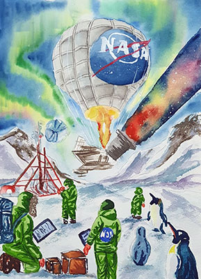 Illustration of a group of people in Antarctica launching a balloon. The balloon has a telescope attached that is pointing toward space.