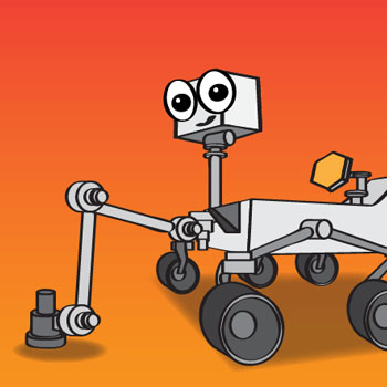 Cartoon illustration of the Perseverance rover with a big smile.