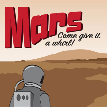 Illustration of a travel postcard for Mars.