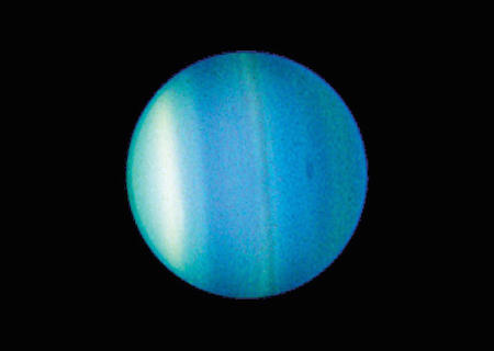 A photo of a full side of Uranus showing bands of blue and white.