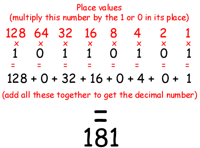 Starting from left, column values are 128, 64, 32, 16, 8, 4, 2, and 1.  Multiply each of these values by either 1 or 0, whichever binary digit is in that column.  This number then would be 128 + 0 + 32 + 16 + 0 + 4 + 0 + 1 = 181