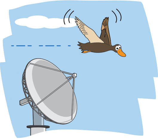 un dibujo en el que un pájaro vuela sobre la antena de un radar