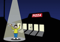 Illustration of a person below a streetlight in front of a pizza restaurant.