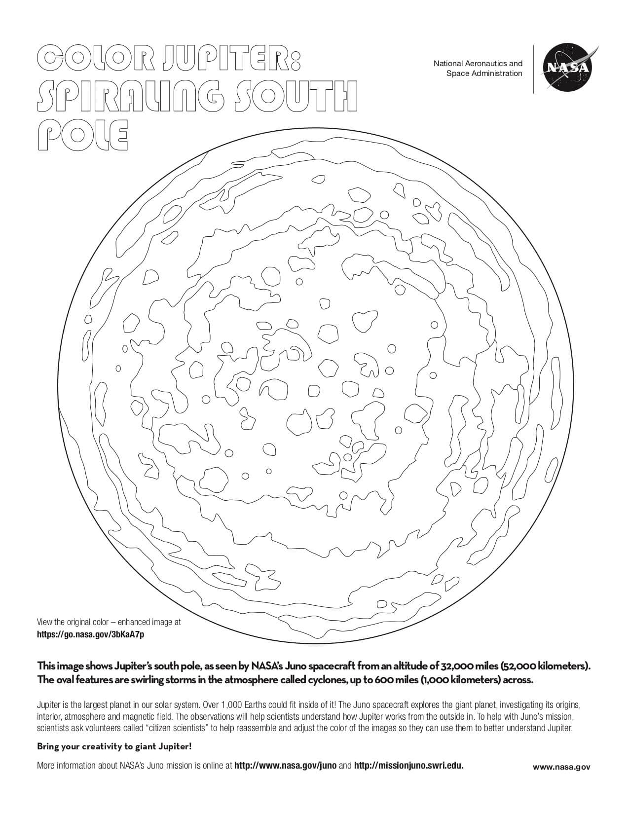Coloring page for Jupiter's spiraling south pole.