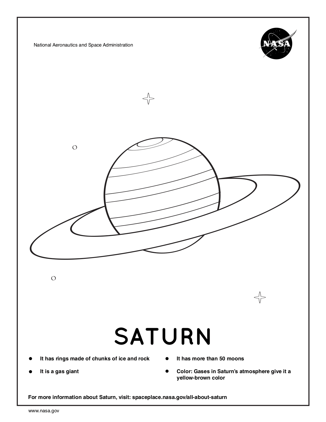 Black and white coloring page for Saturn, a round planet with a ring around it.