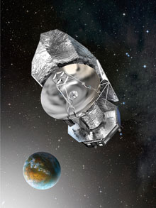 Artwork of Herschel Space Observatory, with Earth in the background.
