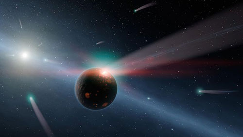 Gráfica que muestra un planeta con diferentes cometas a punto de colisionar.