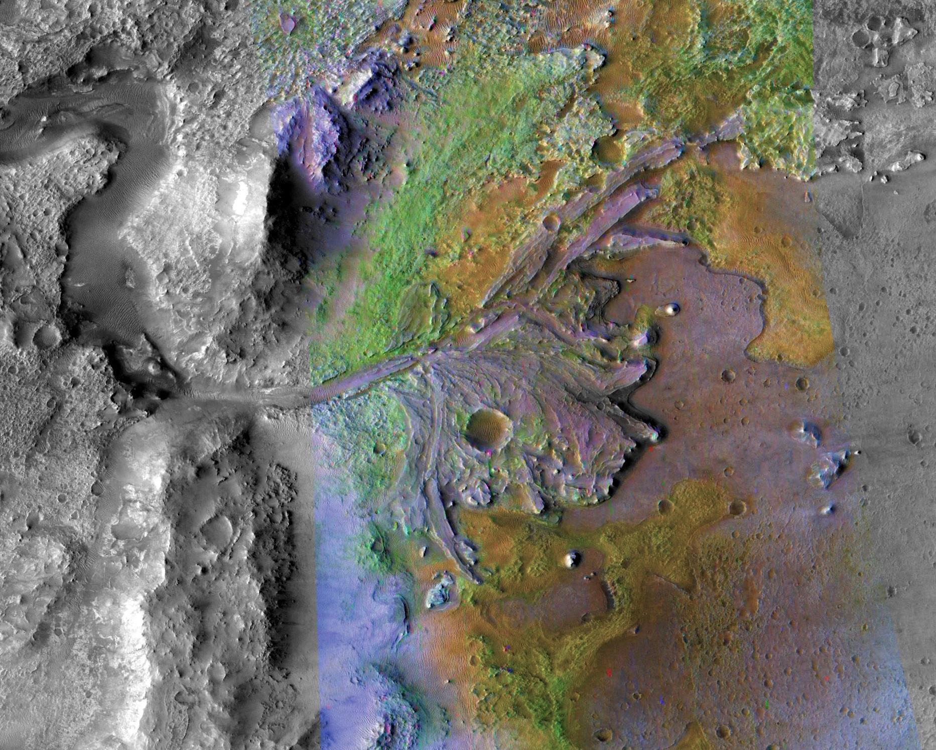 El cráter Jezero es el gran cráter en el medio de esta imagen tomada por el Mars Reconnaissance Orbiter de la NASA.