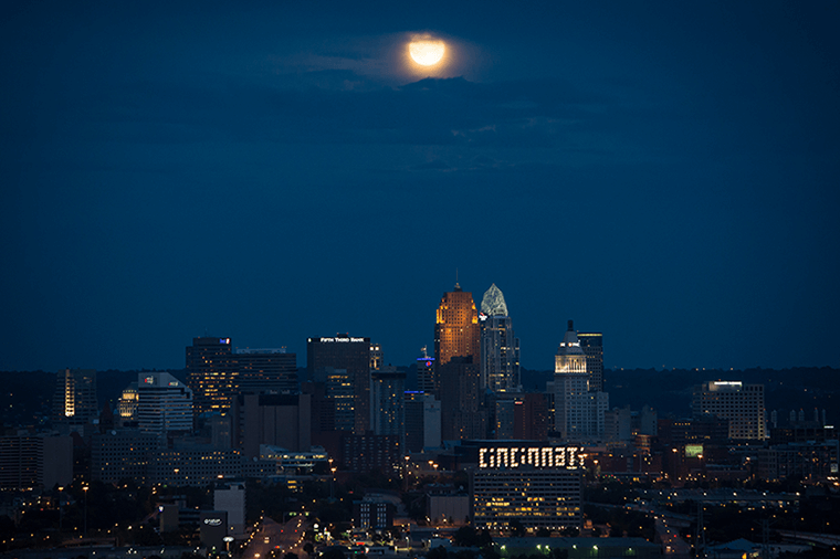 A blue moon seen over Cincinnati.