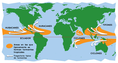 Mapa del mundo que muestra el área donde se producen ciclones.