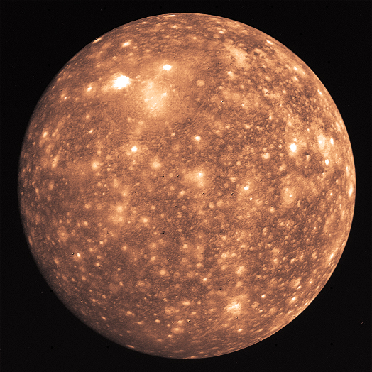 Callisto appears as a dark orange sphere covered with white spots and splotches (craters).