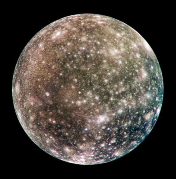 Full sphere of Callisto, dark colors, with bright spots and splotches.