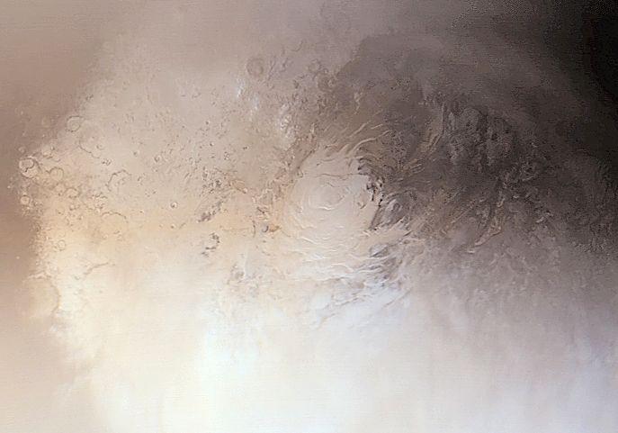 Closeup image of Mars South Pole ice cap in spring.