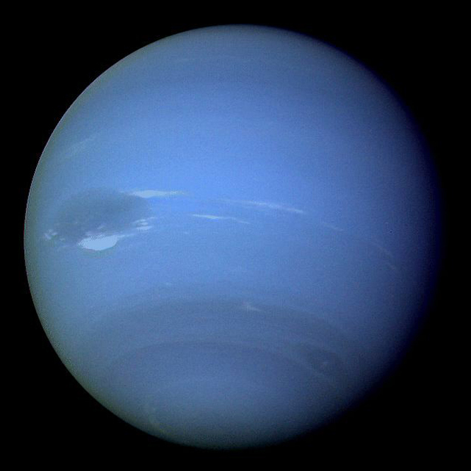 Image of full sphere of Neptune, blue with dark bands near bottom of image and a large, dark, oval-shaped spot near the equator.