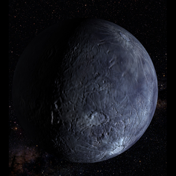 Quaoar is lit only on the right, a splotchy blue and black rough sphere, with craters.