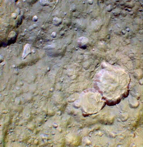 Primer plano de la superficie de Tetis, en marrones, grises y rosados??.