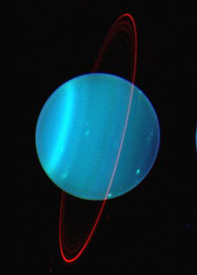Uranus appears bright blue, with lighter blue bands around it vertically, and a red ring that appears to be standing on edge.