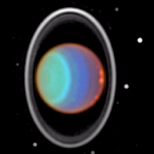 Uranus has light blue, dark blue, and red bands around it vertically in this image, with a ring that appears to be standing on edge.