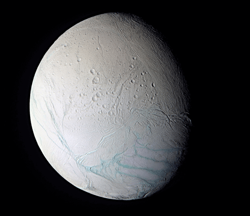 Saturn’s icy moon Enceladus as viewed from NASA's Cassini spacecraft.