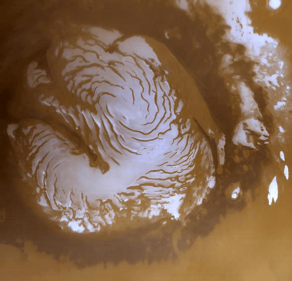 The north polar cap of Mars as seen by the Mars Global Surveyor.