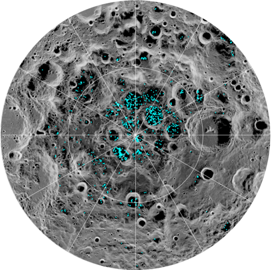 The blue dots on this image show where ice was detected on the Moon’s south pole.