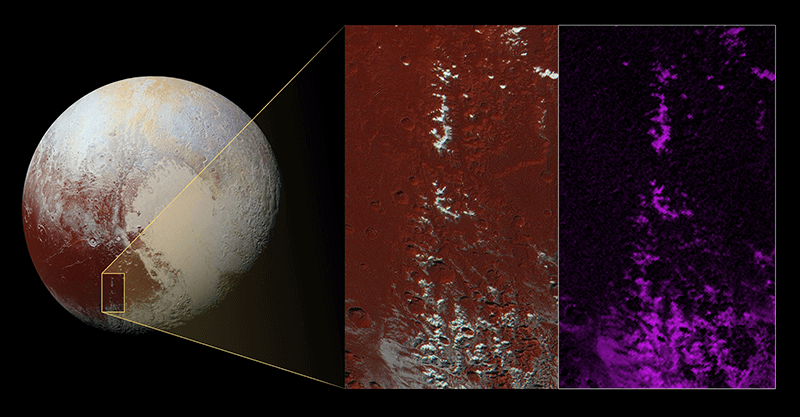Pluto and an up-close image of its icy Cthulhu (pronounced kuh-THU-lu) mountain range.