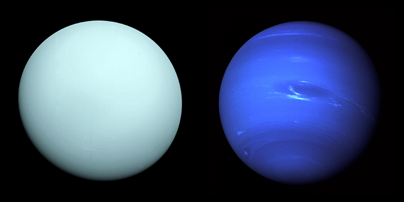 Images of Uranus and Neptune captured by NASA’s Voyager 2 spacecraft.