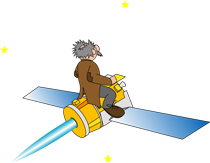 Cartoon Professor Star rides Deep Space 1 into space.