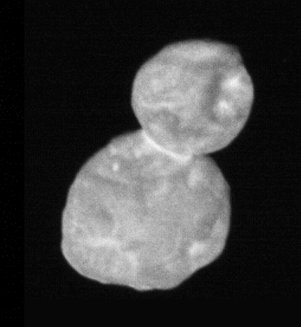 Image of the asteroid Arrokoth, which looks like a sphere stuck to a slightly larger sphere, giving the impression of a two-ball snowman